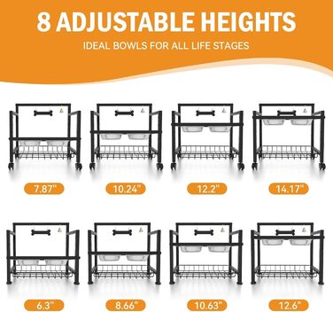 Підвищені годівниці для собак Angeloyang з колесами, з нержавіючої сталі, регульовані, 8 рівнів висоти, 16-36 см, для середніх та великих собак, з повільним дозатором корму та мисками з нержавіючої сталі, з можливістю зберігання та колесами