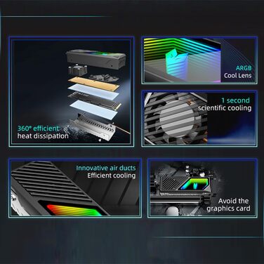 SSD-накопичувач M.2 2280 з RGB-підсвічуванням та охолодженням, преміум-алюмінієвий дизайн, ефективний теплорозсіювач, з термопрокладкою (чорний)