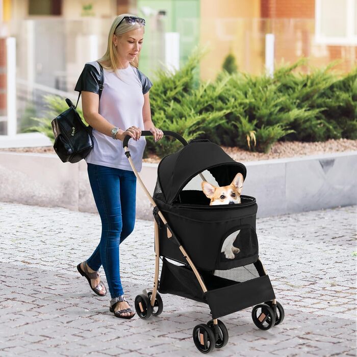 Візок для собак GOPLUS 3 в 1, візок-переноска для собак знімний, регульований дах, сітчастий вхід на блискавці та кошик, візок для домашніх тварин для маленьких/середніх собак та котів (Чорний)