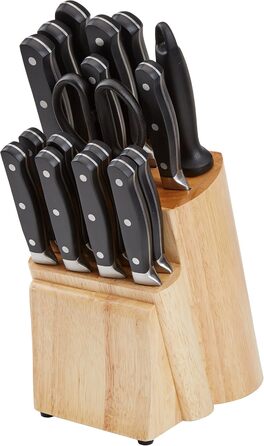 Amazon Basics Premium Knife Block Set, 9-Piece, Black - Includes 18 Knives
