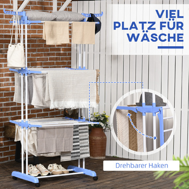 HOMCOM Clothes Dryer Rotary Clothes Airer 73 x 64 x 177cm Extendable with Wheels 4 Levels for Indoor and Outdoor Use Steel Blue