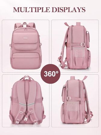 Шкільний рюкзак FIORETTO для дівчаток-підлітків, рюкзак для жінок з відділом для ноутбука 15,6', водонепроникний, легкий, 25L, для школи та подорожей, рожевий