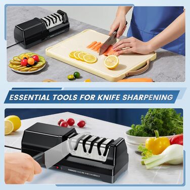 Електричний точило для ножів професійний 3-ступеневий з захистом від перегріву, тихий мотор, швидкий для кухонних ножів (чорний)