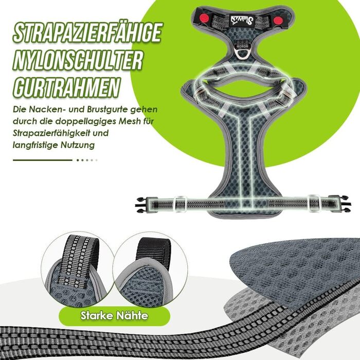 Шлейка для собак маленьких та середніх порід, Air Mesh дихаюча, з м'якою ручкою та замикаючими карабінами, анти-вислизаюча, світловідбиваюча, для цуценят (Сірий, M)