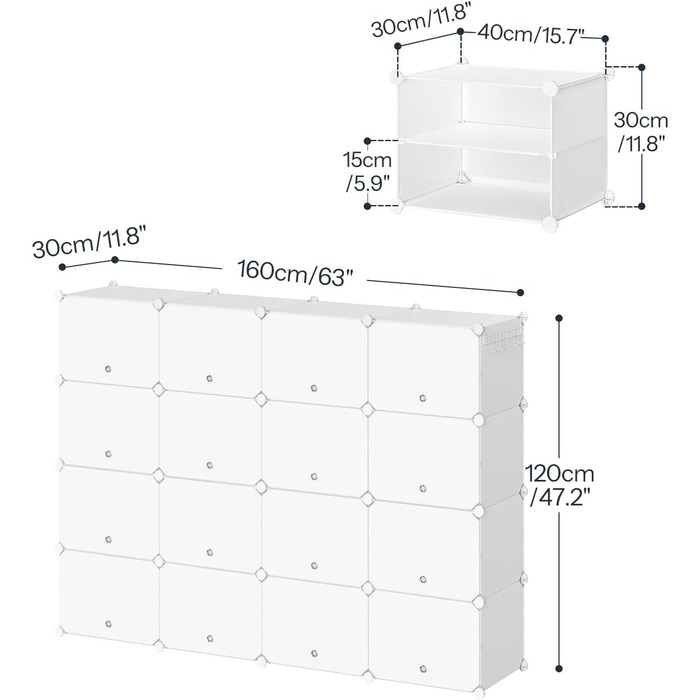 HOOBRO 8-Tier Shoe Rack, Shoe Cabinet, for 32 pairs of shoes, 40 x 30 x 30 cm per compartment, narrow, with doors, plastic, for living room, bedroom, hallway, entrance, White EWT28SC01G1 (16 compartments, 160 x 30 x 120 cm), White)