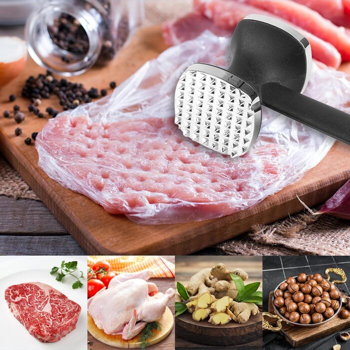 Топчик для відбивання м'яса Deepton з цинкової сплави, 24 см, двосторонній, з неслизькою ручкою, срібного кольору. Ідеально для відбивання шніцелів, яловичини, курки.