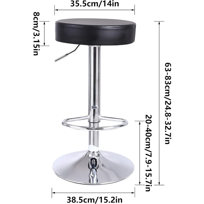 KKTONER Adjustable Height Swivel Bar Stool - PU Leather Office/Spa Work Chair - Black