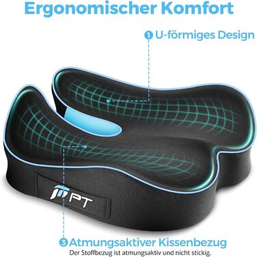 Подушка для сидіння POOTACK з memory foam - для офісного крісла, автосидіння та дому, м'яка підтримка спини, дихаючий чохол, блакитно-чорний