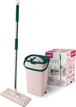 Набір для миття підлоги YORK Wischmopp: відро з віджимом, моп, 2 мікрофібрових насадки, рожево-зелений