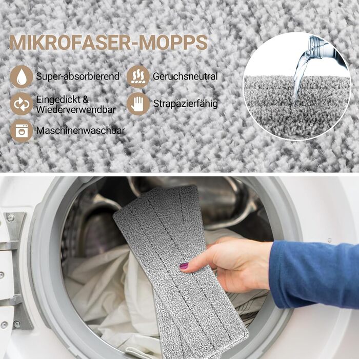 Набір для миття підлоги MASTERTOP з відром, моп з нержавіючою ручкою та 3 насадками, набір 2 в 1 з відром для вичавлювання, плоский моп для твердої підлоги, ламінату, плитки (Бежевий)