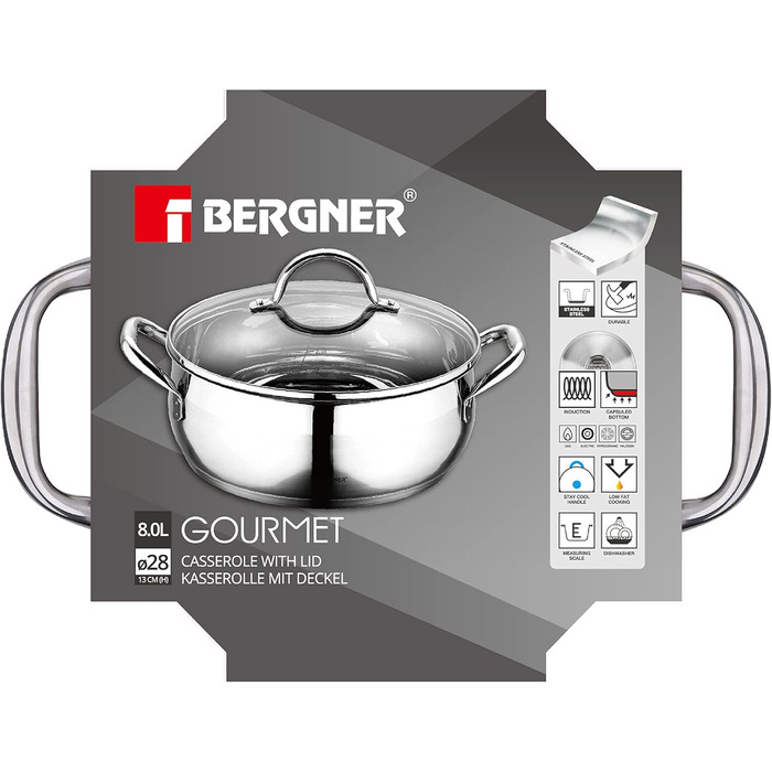 Каструля BERGNER Gourmet 8 л з кришкою, нержавіюча сталь, для всіх типів плит, ергономічні ручки