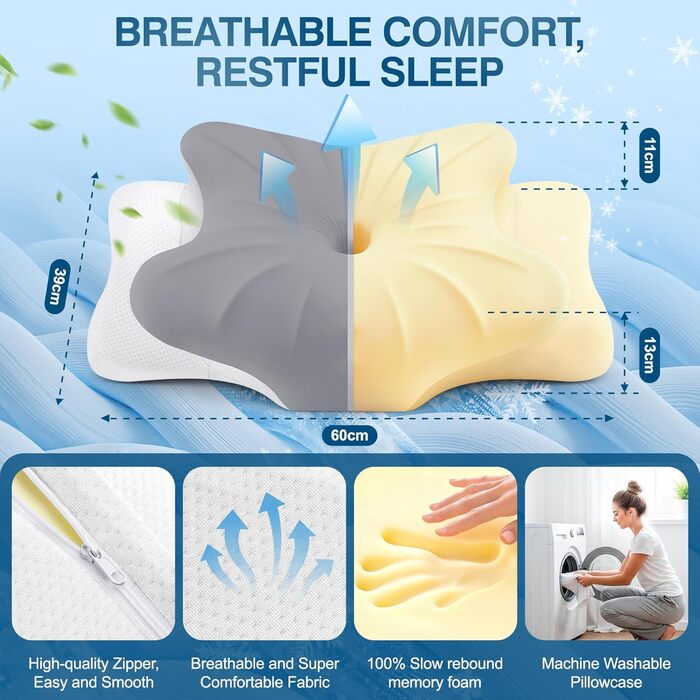 Подушка для шиї Subtail - подушка з піною з пам'яті, ергономічна подушка для сну на боці, спині та животі, сірого кольору