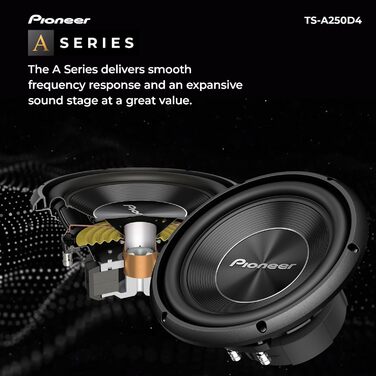 Сабвуфер Pioneer TS-A250D4 25 см, 1300 Вт, 2x4 Ом, подвійна котушка, для корпусного монтажу, чорний, IMPP мембрана, 400 Вт RMS