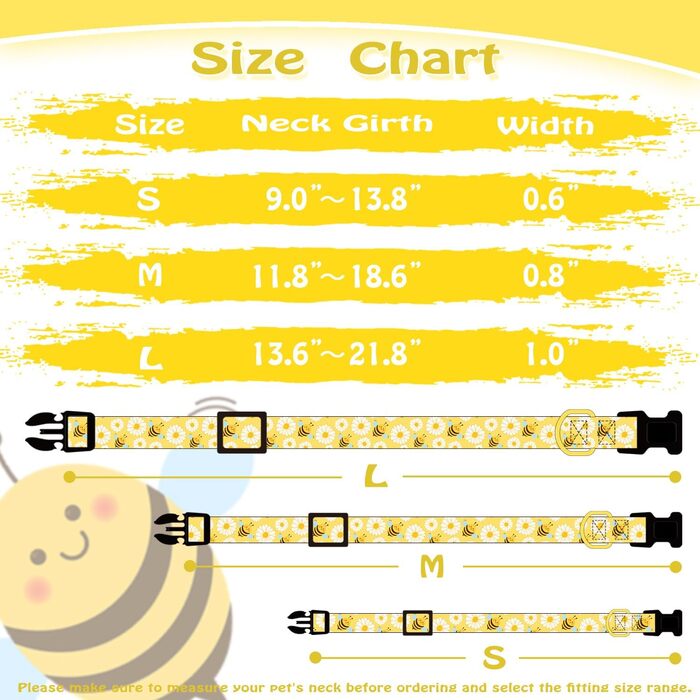 Нашийник для собак з бавовни, жовта бджілка – квітковий принт – м'який та зручний – регульований – великий розмір – унісекс – для великих собак, розмір L