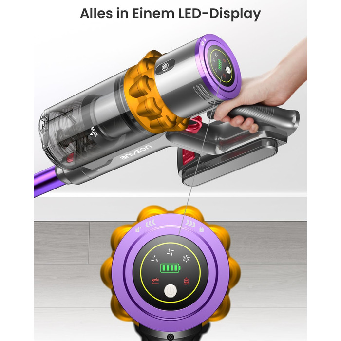 Бездротовий пилосос Anyson 45000Pa потужністю 550W з акумулятором 70Min, об'єм 1.6L, тихий, з LED-дисплеєм та антизаплутувальною насадкою, для твердих поверхонь, килимів та шерсті тварин