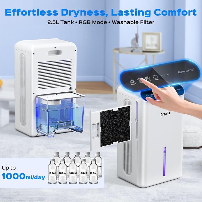 Електричний осушувач повітря для дому: тихий осушувач 67 м² з баком 2.5 л, таймером та режимом сну