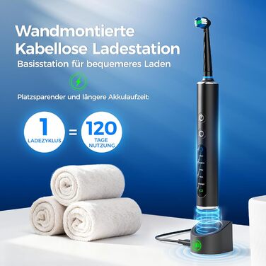 Електрична зубна щітка з круглою голівкою – 50 000 рухів/хв, 8 насадок, 3 режими інтенсивності та 5 режимів чищення, до 120 днів роботи, IPX7, кейс для подорожей та тримач, для дорослих та дітей (Чорний, 1 комплект)