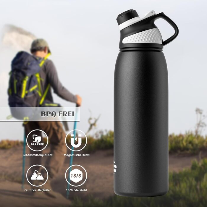 Фляга спортивна Fjbottle Edelstahl 1 л з магнітною кришкою, BPA-Free, для школи, фітнесу, чорна