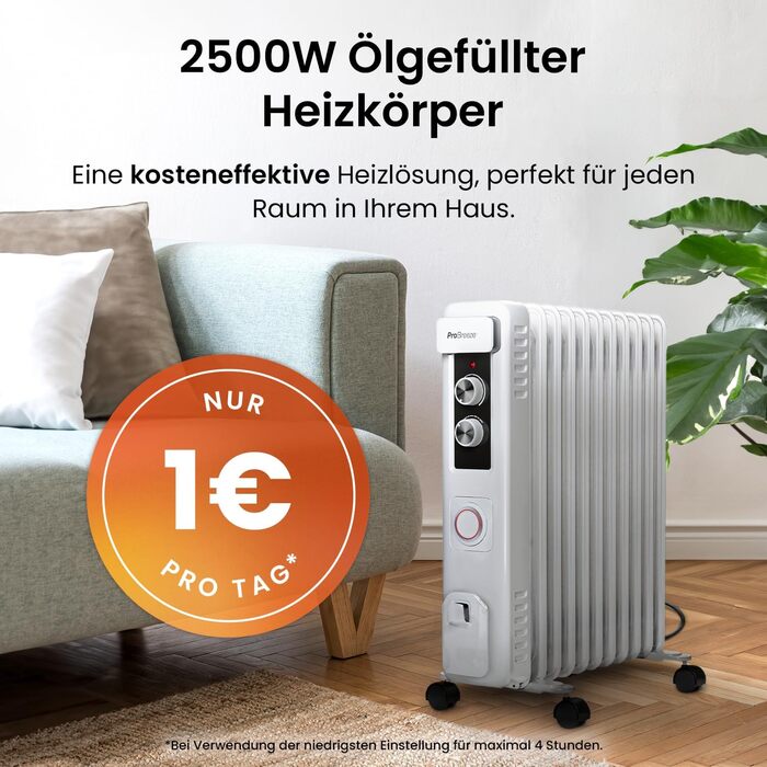 Pro Breeze 2500W Oil Radiator with 11 Heating Ribs, Electric Heater, 24h Timer, Energy-Saving Oil Radiator, 3 Heating Levels, Adjustable Thermostat & Safety Shut-Off Function White
