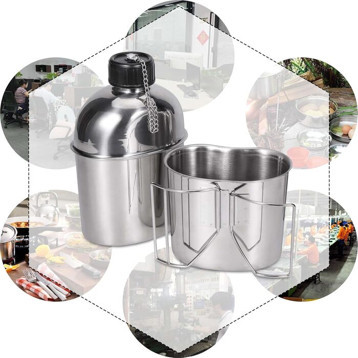 Goetland Stainless Steel US Military Field Bottle Set 1.2l with 0.6l Cup Nylon Bag Water Bottle Cooking Pot Camping Cup