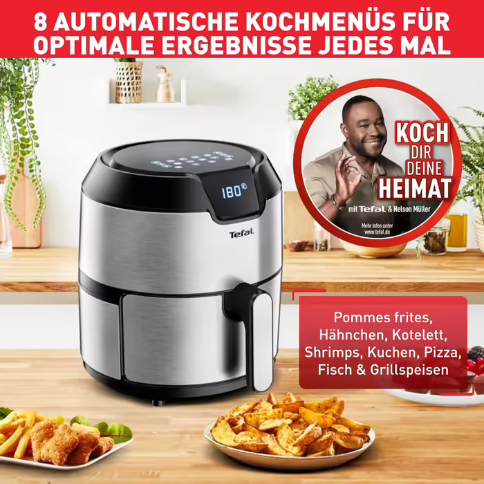 Tefal EY401D Hot Air Fryer Easy Fry Deluxe XL | Air Fryer | 1500 W | 4.2 L for 6 servings | 8 automatic programs | Digital display | energy-saving | healthy fryer without oil | stainless steel