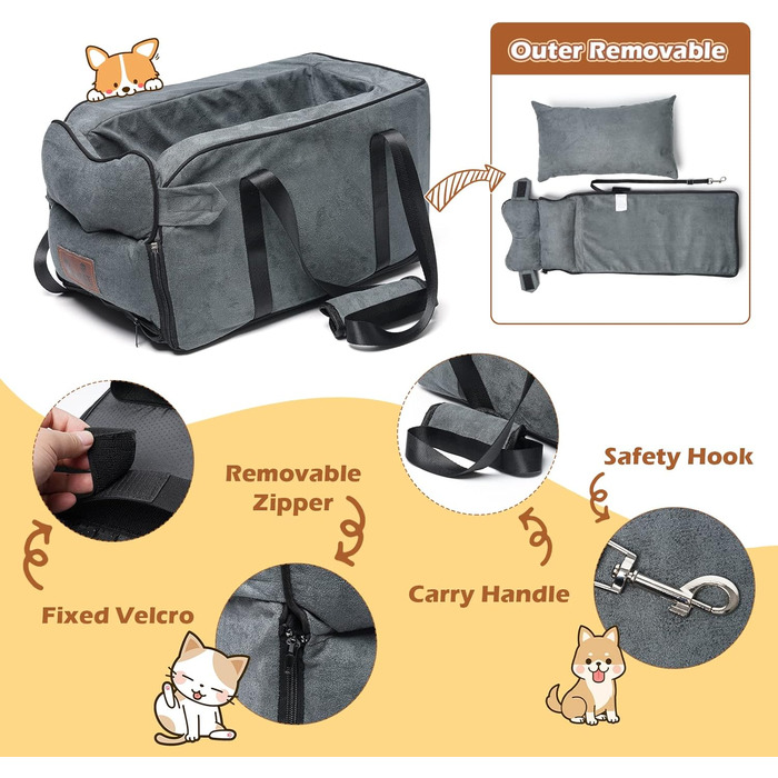 Автокрісло для собак та котів, до 6 кг, знімний та миючий чохол, для середньої консолі, замша