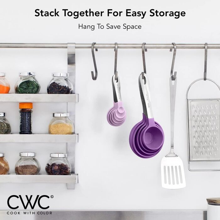 COOK WITH COLOR Measuring Cup Set and Measuring Spoon Set, Stainless Steel Handles, Nesting Kitchen Measuring Set, Liquid Measuring Cup Set, 12-Piece, Stainless Steel, Lavender