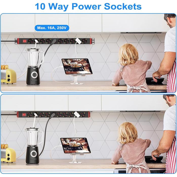 Мережевий фільтр 10 розеток з захистом від перенапруги, з вимикачем та поворотними кріпленнями, чорний, металевий корпус