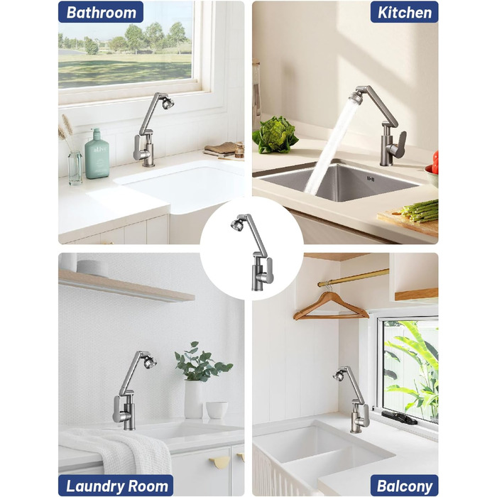 Кухонний змішувач Vorfenster з поворотним гусаком 1080°, 2 режими струменя, нержавіюча сталь, для кухні/ванної кімнати