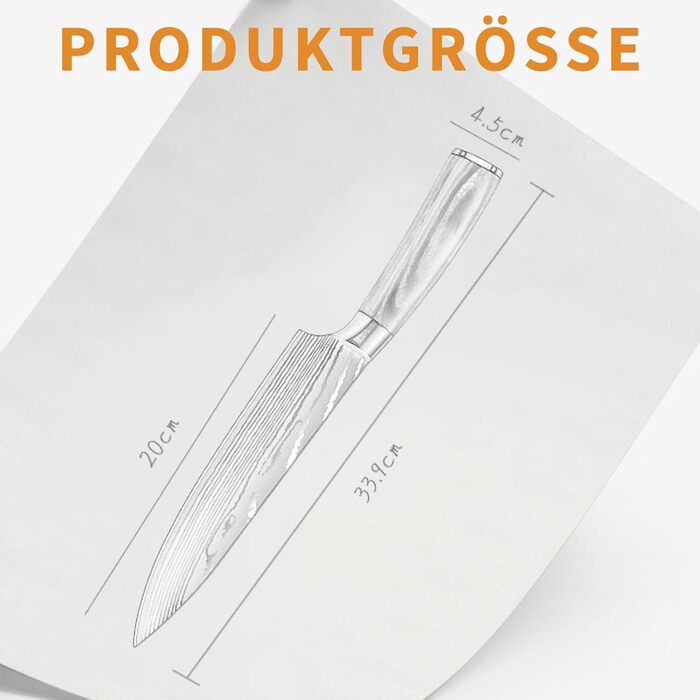 Професійний кухонний ніж Plys Kochmesser 20 см: гострий ніж з нержавіючої сталі з вуглецевим покриттям, ніж шеф-кухаря з ергономічною ручкою, срібляста клинка