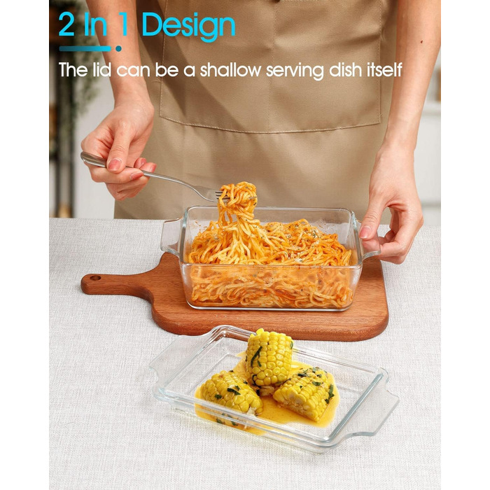 Прямокутна форма для запікання з кришкою, 2L, 24x20x6 см, скляна форма для лазаньї на 2 порції, для мікрохвильової печі та духовки