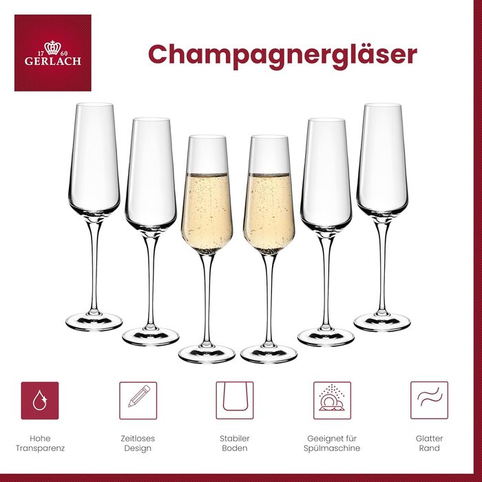 Набір келихів для шампанського та шампанського Gerlach 1760 (6 шт, 200 мл) - скляні келихи для вина, сумісності з посудомийною машиною, сучасний дизайн
