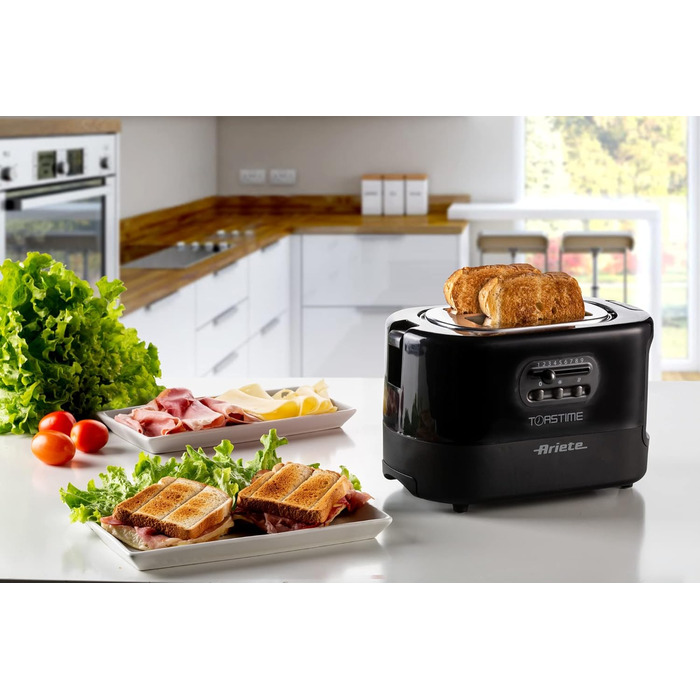 Тостер Ariete 159 Toastime: 2 відділення, пружинний захват, розморожування, підігрів, 700 Вт, нержавіюча сталь, чорний