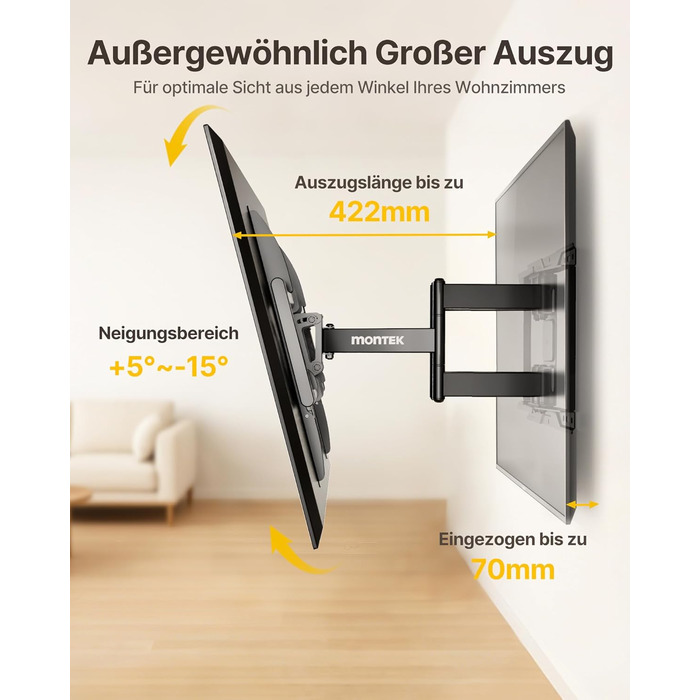 Настінна кріплення для телевізора monTEK, 37-90 дюймів, до 75 кг, з подвійними шарнірними руками, регулювання нахилу, поворот і витягування, VESA 600x400