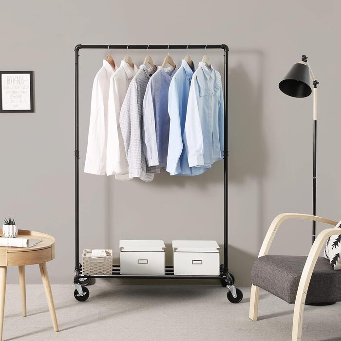 SONGMICS Clothes Rack, Garment Rod, with Wheels, Load Capacity up to 90 kg, Coat Rack with 1 Garment Rod and Shelf, Industrial Design, for Bedroom, Laundry Room, Black HSR61BK