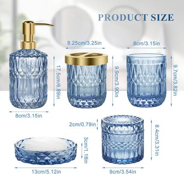 Набір аксесуарів для ванної кімнати 5 предметів, чорний дозатор для мила та лосьйону, мильничка, підставка для зубних щіток, стаканчик, склянка для ватних паличок, прозорий скляний бокс (Синій)