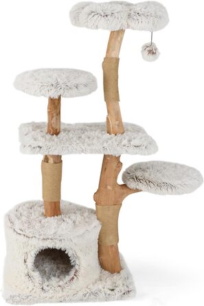 Дерев'яний кігтеточка SOARS для котів з 3 природними стовбурами, ліжком та плюшевими поверхнями, кігтеточка з іграшковим м'ячиком та джутовим мотузком, багатоповерхова, 49 x 59 x 110 см, білий