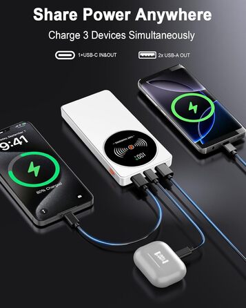 Портативний зарядний пристрій Power Bank Klein 10000mAh з USB-C, 3 порти, сумісний з iPhone 17/16/15/14/13 Pro Max Plus Mini та Android (білий)