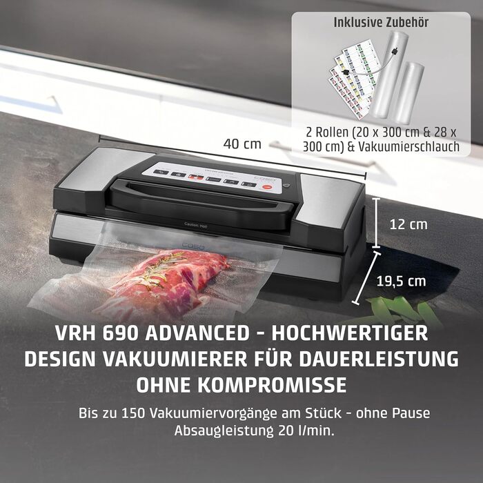 CASO Vakuumierer VRH 690 advanced: вакуумний апарат для пакування з винятковим тестувальним результатом, знімною камерою та 10 професійними пакетами