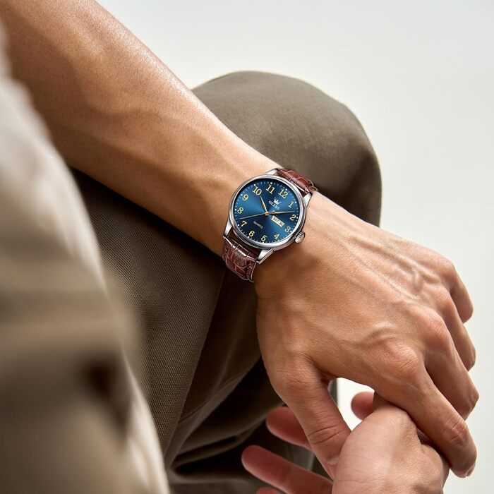 Чоловічий годинник OLEVS з нержавіючої сталі, кварцовий, аналоговий, класичний, бізнес-стиль, водонепроникний, з підсвічуванням, з датою, на шкіряному ремінці (A2 - синій циферблат/коричневий ремінь)