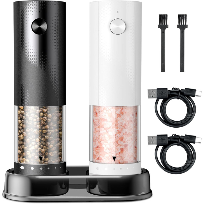 Електричні мельниці для солі та перцю 2 шт. з USB-C зарядкою, регулюванням помелу, LED-підсвічуванням, керамічним жорном та стійкою підставкою – чорний та білий