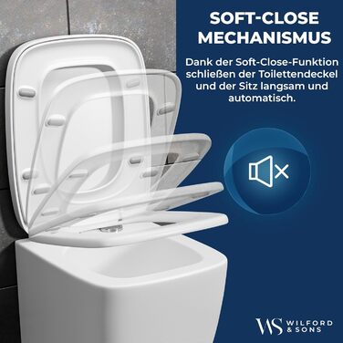 Преміум сидіння для унітаза Wilford & Sons D-подібне, біле, з мікроліфтом (м'яке закриття), матеріал Duroplast, прямокутна форма