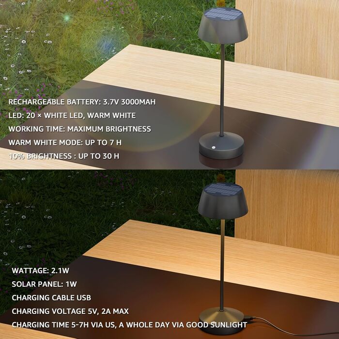 Світлодіодні настільні лампи сонячні LED 2 шт. для вулиці 3000K з сенсорним вимикачем, акумуляторні, димовані, IP44 для кемпінгу, саду, балкону, тераси