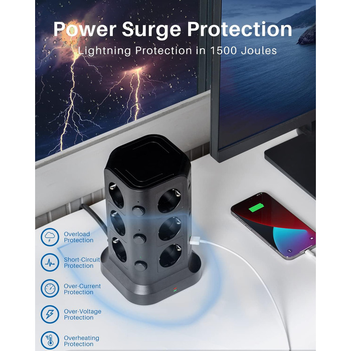 KOOSLA Тур Steckdosenturm 12 Fach з USB (6x) та захистом від перенапруги (4000W/16A) для офісу, кухні, столу, 5м, чорний
