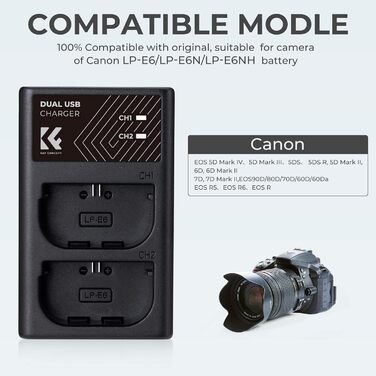 Зарядний пристрій для акумуляторів Canon LP-E6/LP-E6N/LP-E6NH з подвійним слотом K&F CONCEPT, Micro USB та Type-C, швидка зарядка для EOS R5, R6, R, 5D Mark IV, 5D Mark III, 5DS, 5DS R, 5D Mark II, 6D