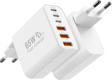 Зарядний пристрій 65W USB-C для iPhone 17/16/15/14/13/12 та Samsung S25/S24/S23/S22, 6 портів (USB-C + USB-A), швидка зарядка, адаптер живлення 2 шт.