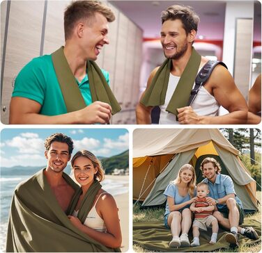 Набір з 3 рушників з мікрофібри: великий 180x90 см та 2 маленькі 80x40 см, швидковисихаючі, для спорту, подорожей, басейну та пляжу (армійний зелений)