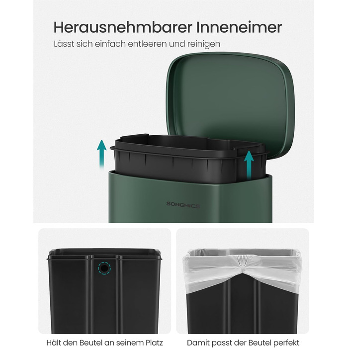 Відро для сміття SONGMICS 30 л, стале, з м'яким закриттям, з внутрішнім відром, для кухні, Vintage Green