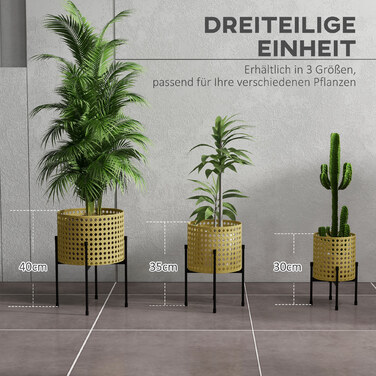 Outsunny 3-Piece Plant Stand Flower Stand with Rattan Look Made of Steel in Gold for Indoor & Outdoor