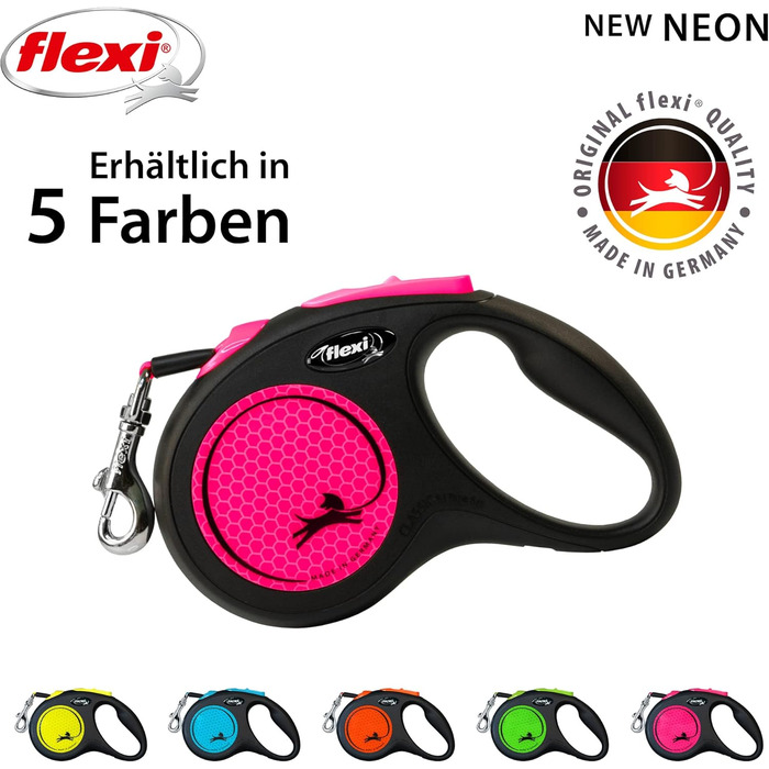 Льовіжа для собак Flexi Neon S, 5 м, чорний/неоновий помаранчевий, світловідбиваючі смуги, рулетка для собак до 15 кг